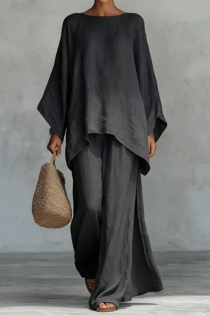 Solid Color Long Sleeve Top and Wide Leg Pants Set