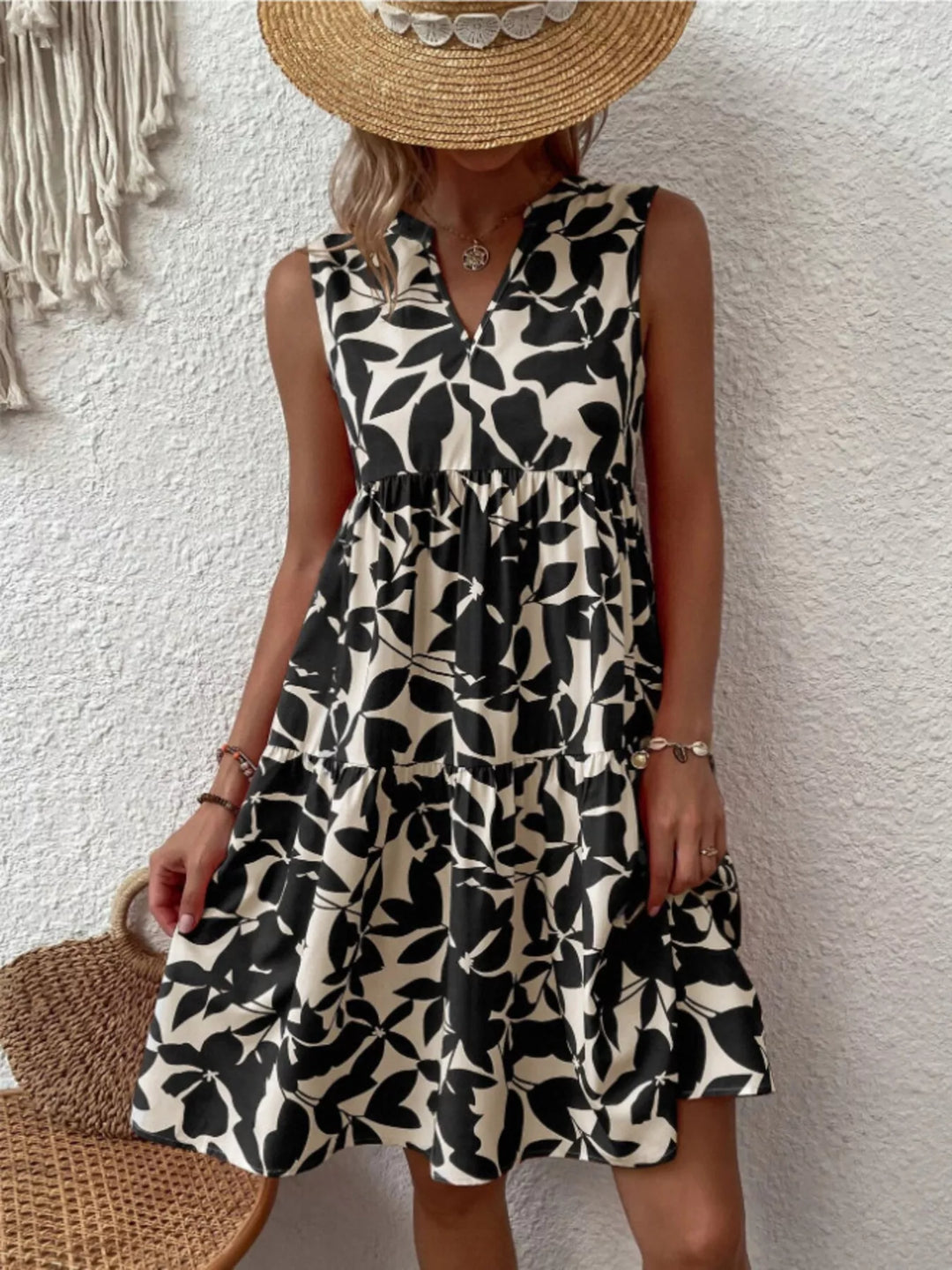 Full Size Printed Notched Sleeveless Mini Dress Plus Size