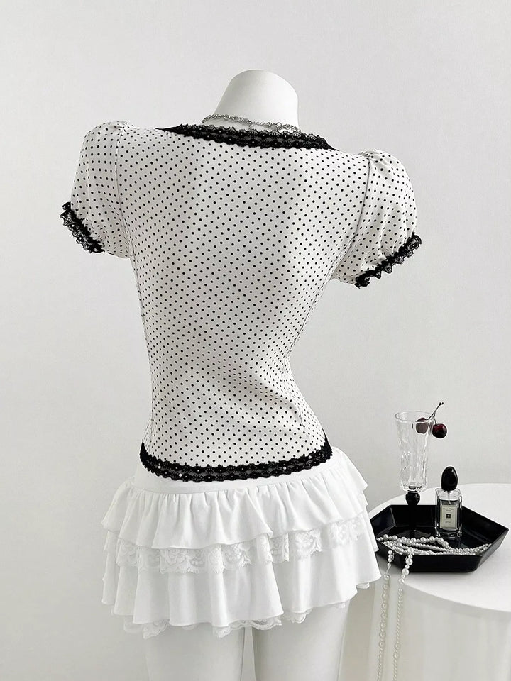 Polka Dot Lace Trim Puff Sleeve Top