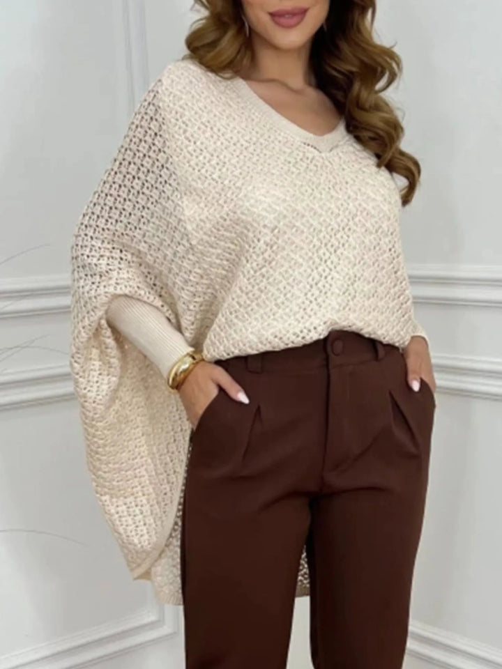 Crochet V-Neck Batwing Sleeves Oversized Sweater