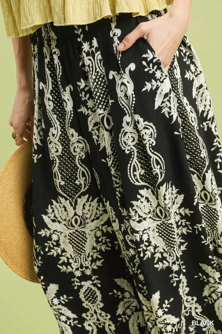 Umgee Border Print Wide Leg Pants