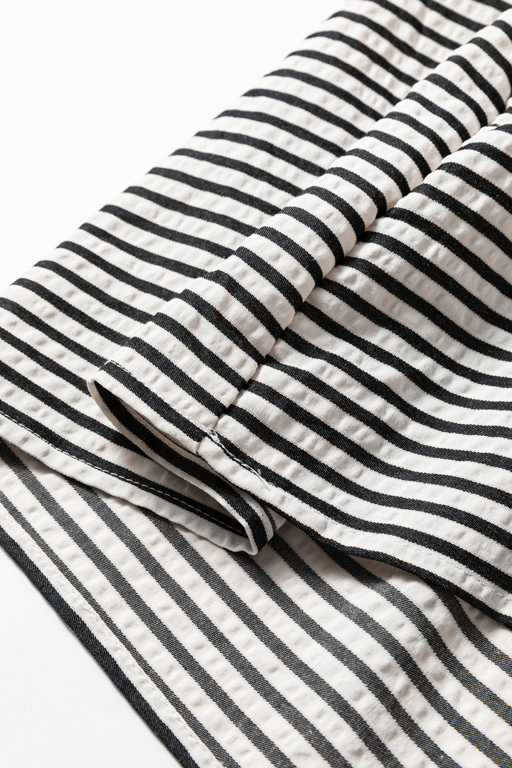 Black Stripe Double Ruffled Short Sleeve Contrast Trim V Neck Midi Dress