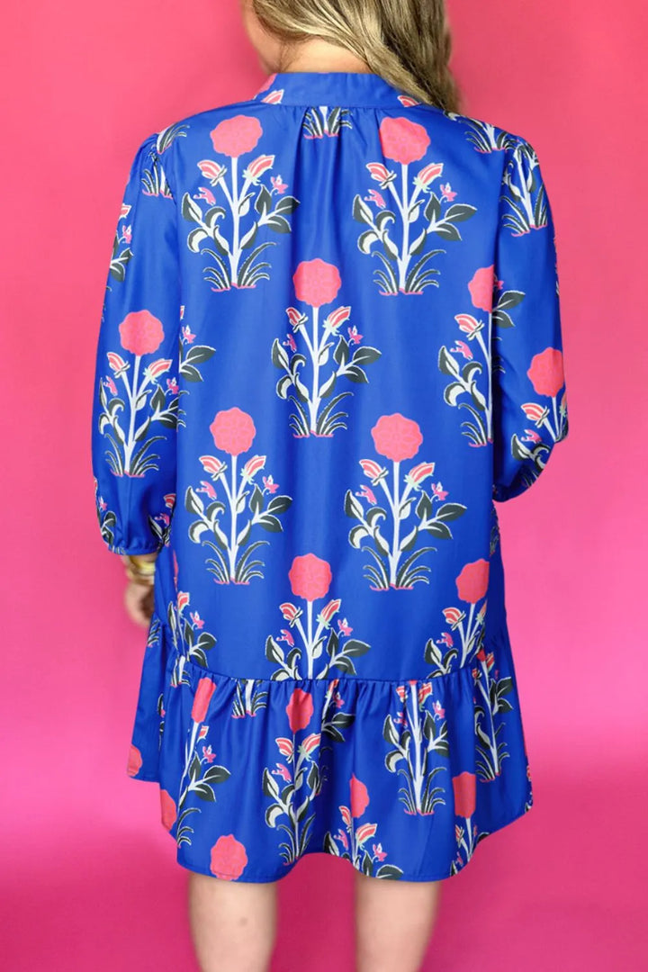 Floral Print Long Sleeve Ruffle Hem Dress