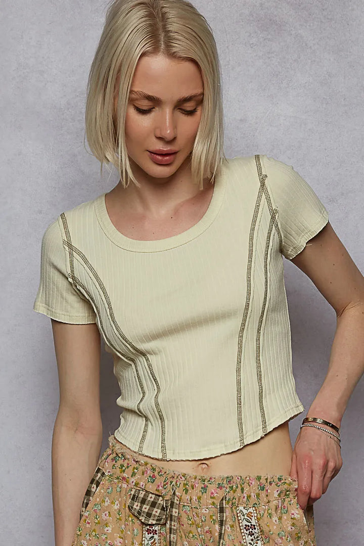 POL Contrast Stitching Round Neck Crop T-Shirt