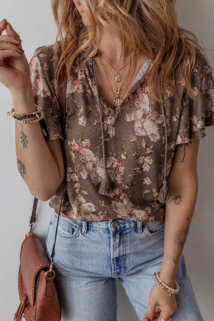 Khaki Retro Floral Print Tassel Tie Split Neck Short Sleeve Blouse