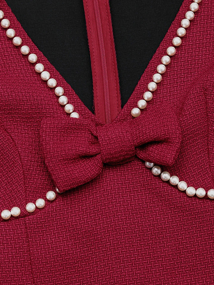 Pearl Trim V-Neck Long Sleeve Bodycon Dress