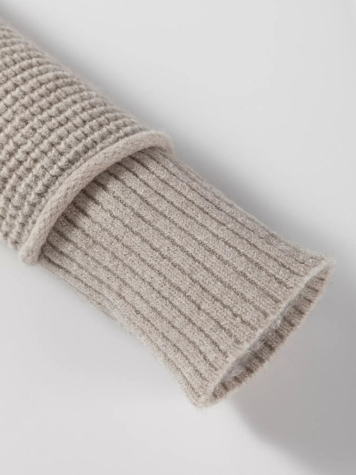 Waffle Texture Knit Ribbed High Neck Drop Shoulder Sweater