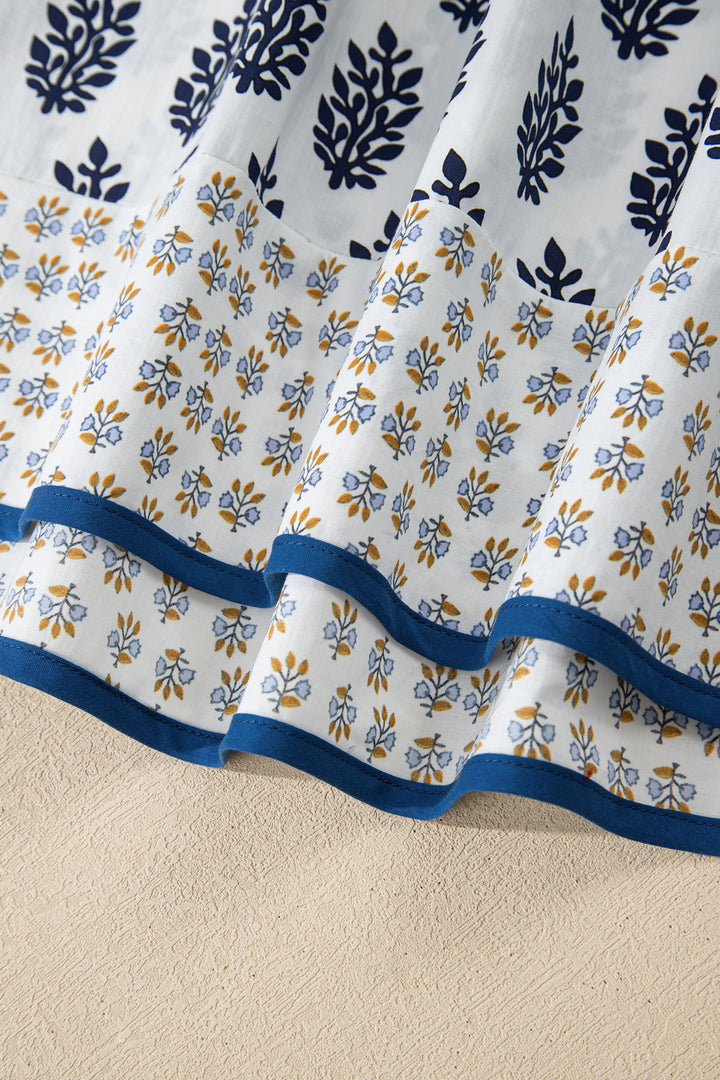 White Plus Size Boho Floral Print Contrast Trim Split Neck Puff Sleeve Patchwork Blouse