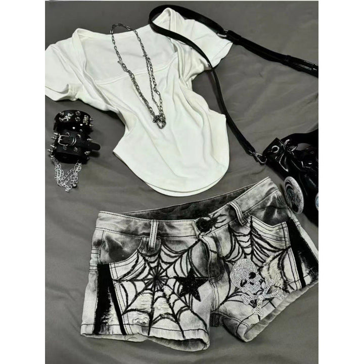 Womens American-style Spiderweb Print Diamond Skull And Star Denim Shorts