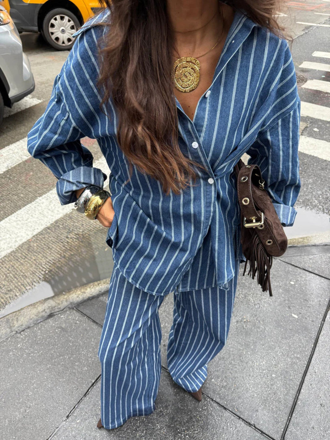Striped Button Up Shirt and Pants Set