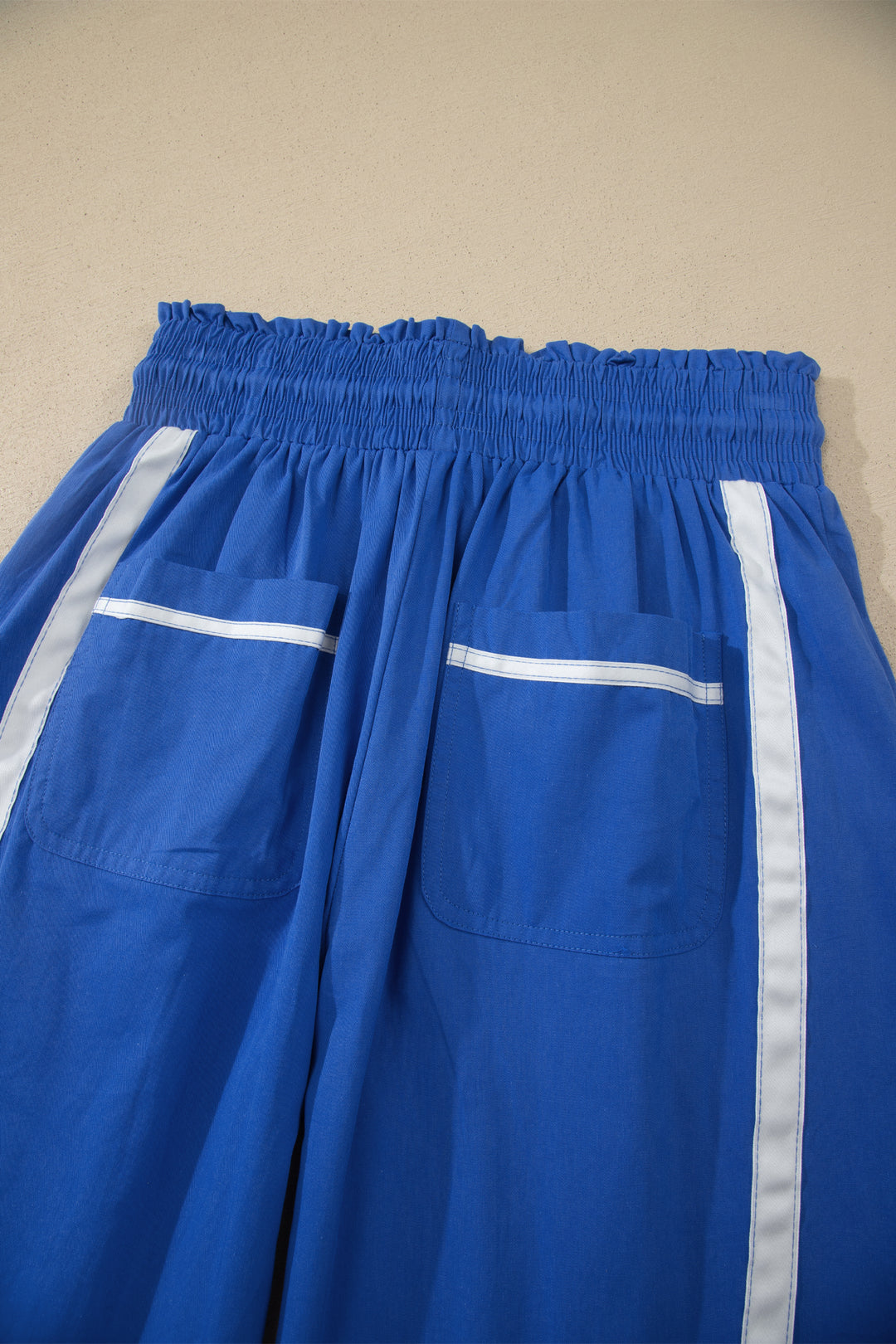 Dark Blue Contrast Striped Smocked Waist Drawstring Cropped Casual Pants