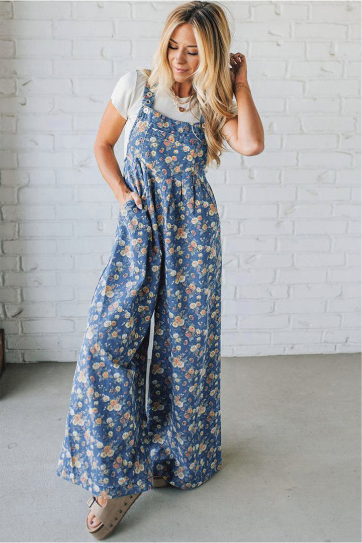 Blue Vintage Rose Printed Pleated Loose Denim Overall Jumpsuit