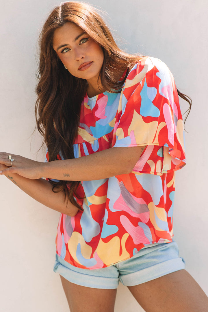 Multicolour Abstract Pattern Wide Sleeve Crew Neck Blouse