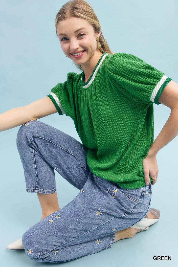 Umgee Puff Sleeve Knit Top with Contrast Rib Trim