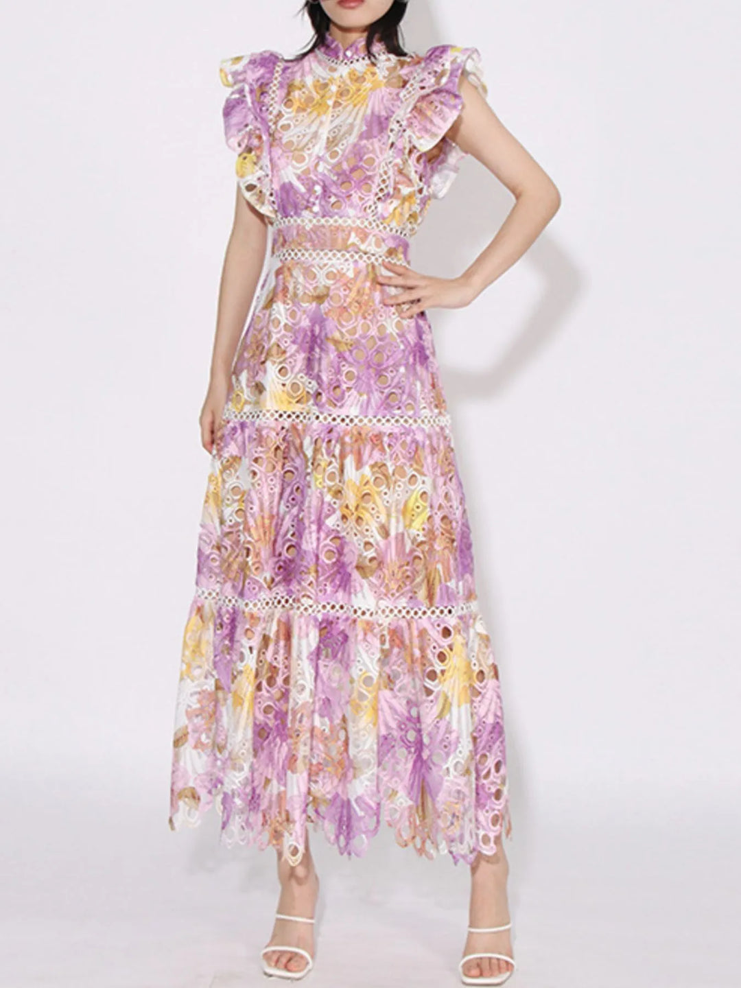 Ruffled Hollow Out Tiered Midi Dress