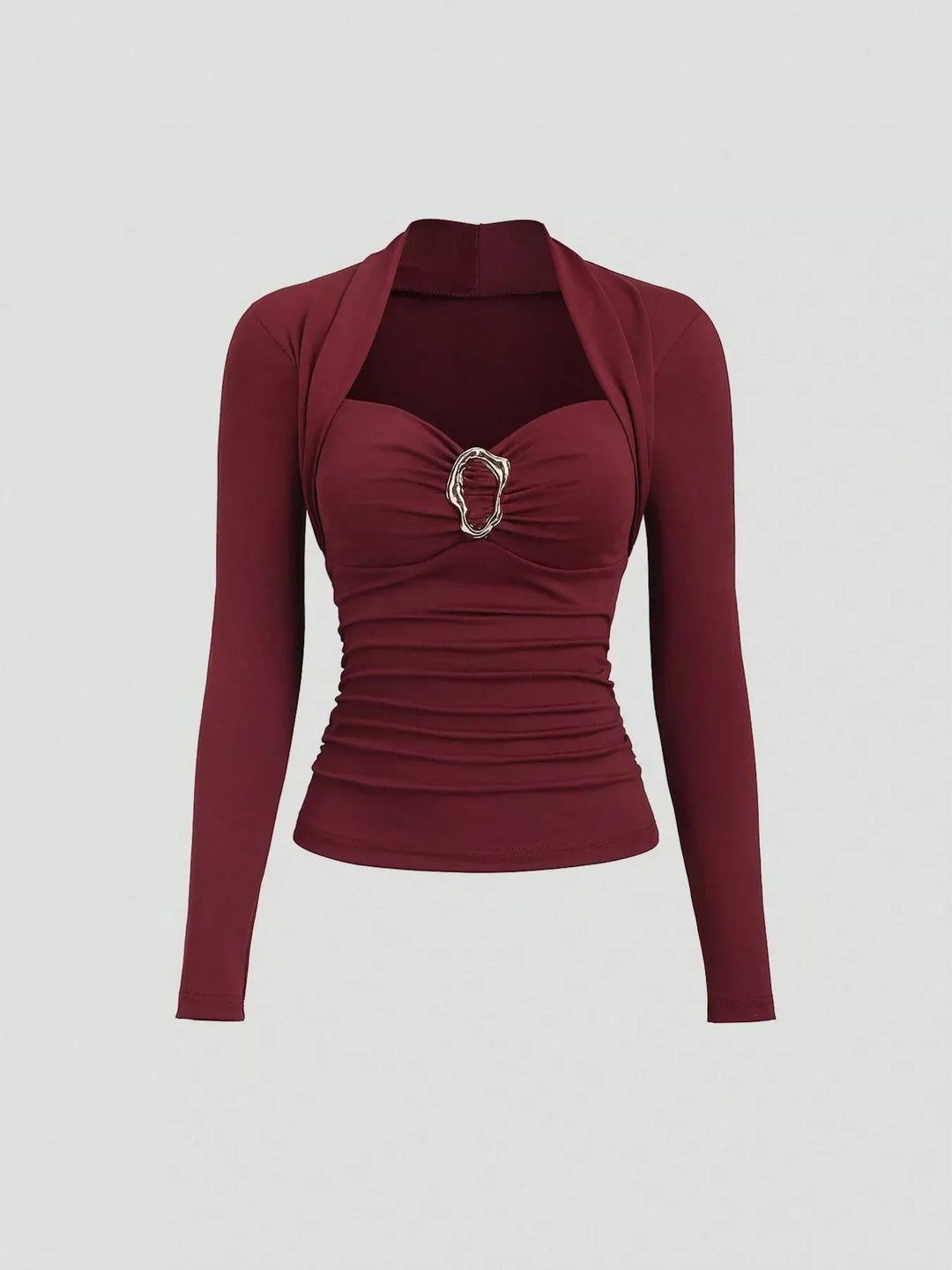 Elegant Ruched Long Sleeve Top with Buckle Detail