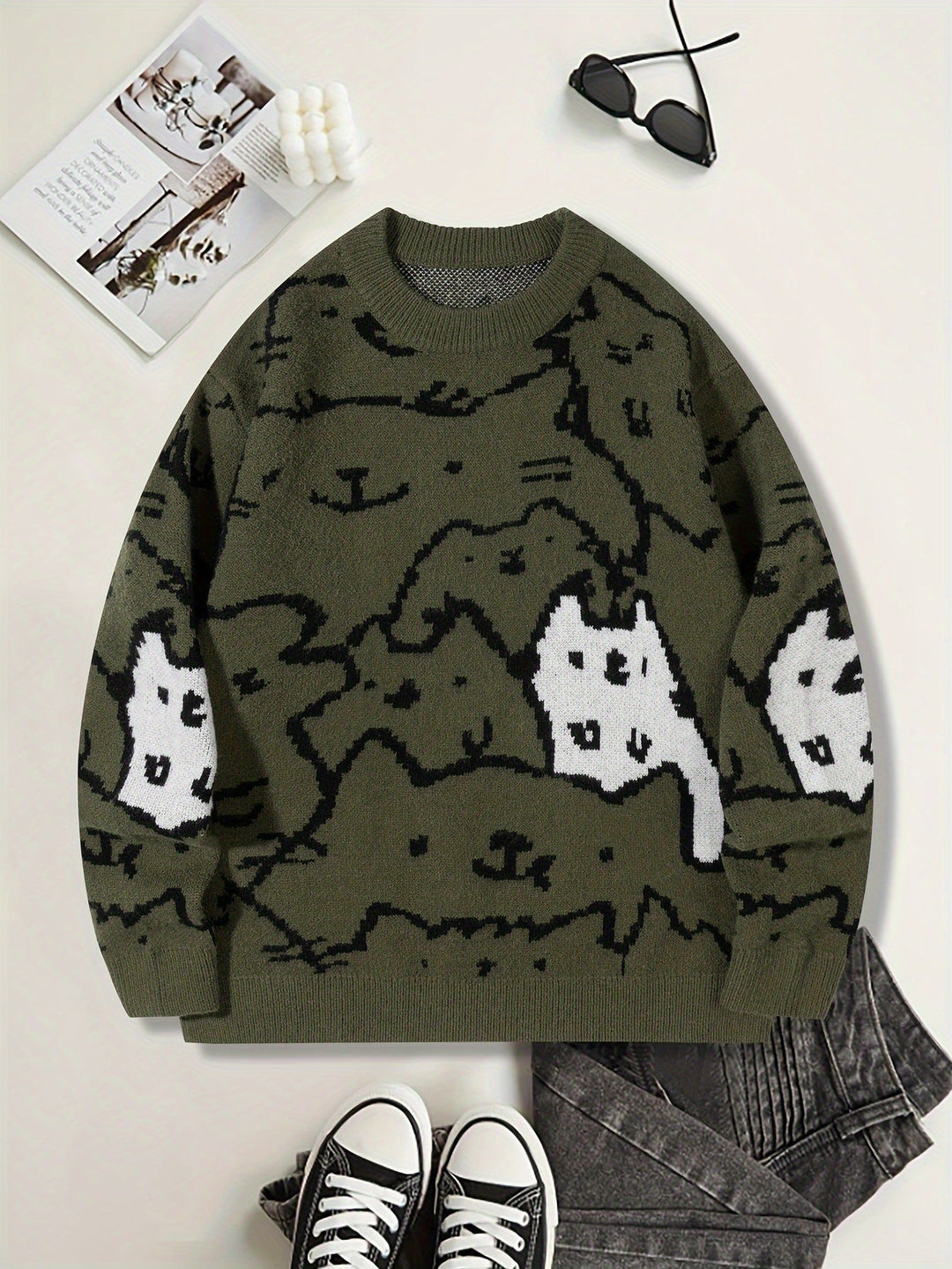 Mens Cute And Quirky Cat-print Knit Sweater