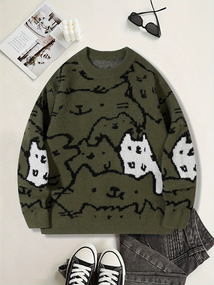 Mens Cute And Quirky Cat-print Knit Sweater