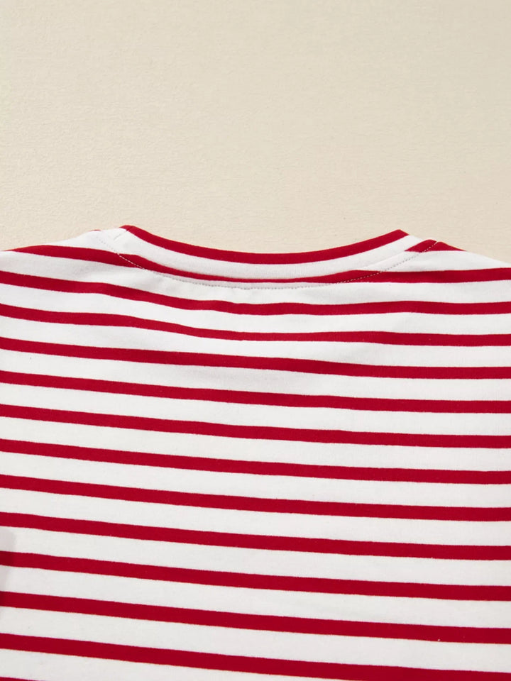 Stripe Round Neck Ruffle Trim Long Sleeve Top