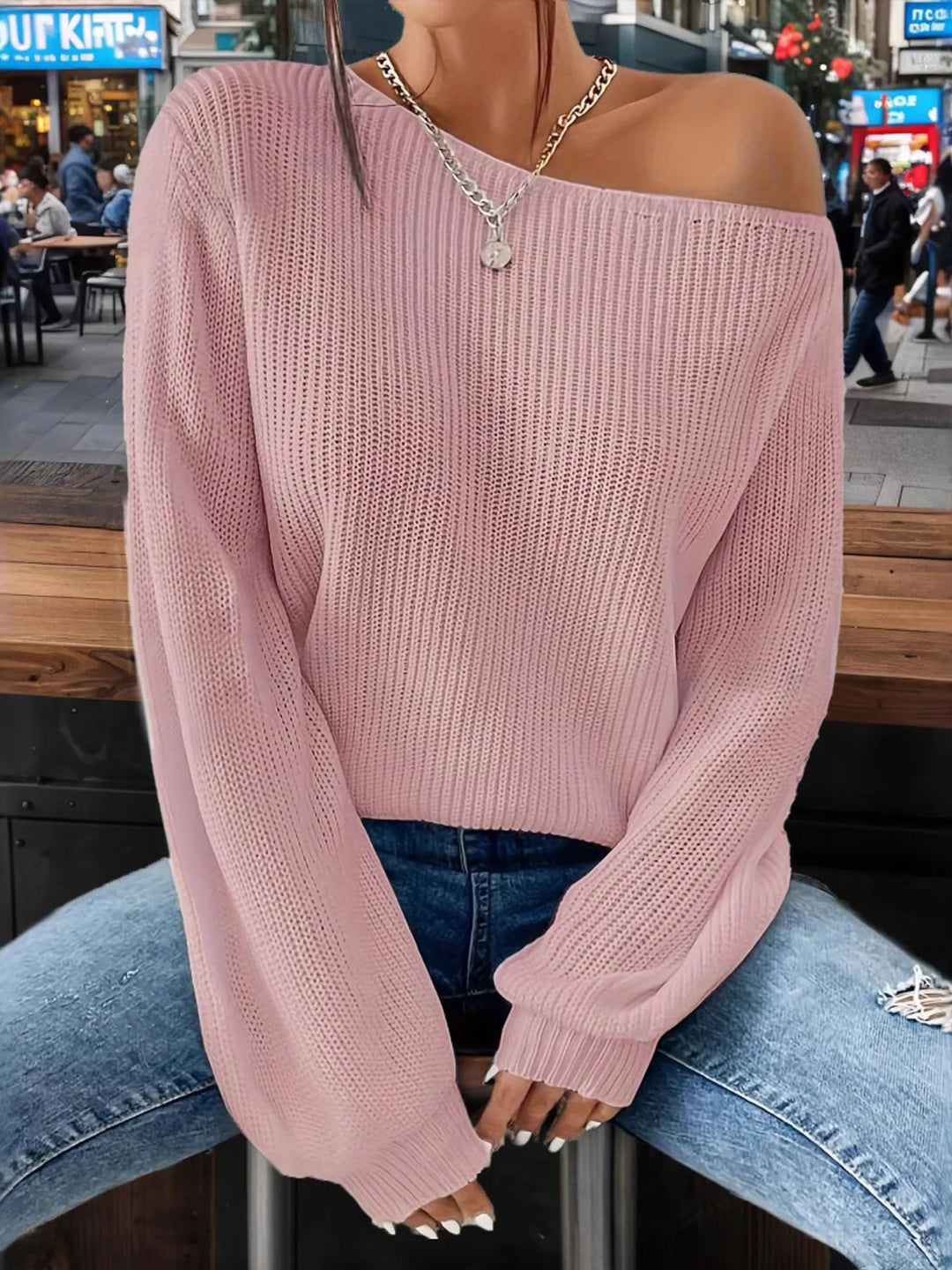 One-Shoulder Ribbed Knit Top with Relaxed Fit
