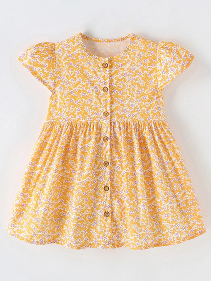 Children's Floral Print Button-Front Flutter Sleeve Dress