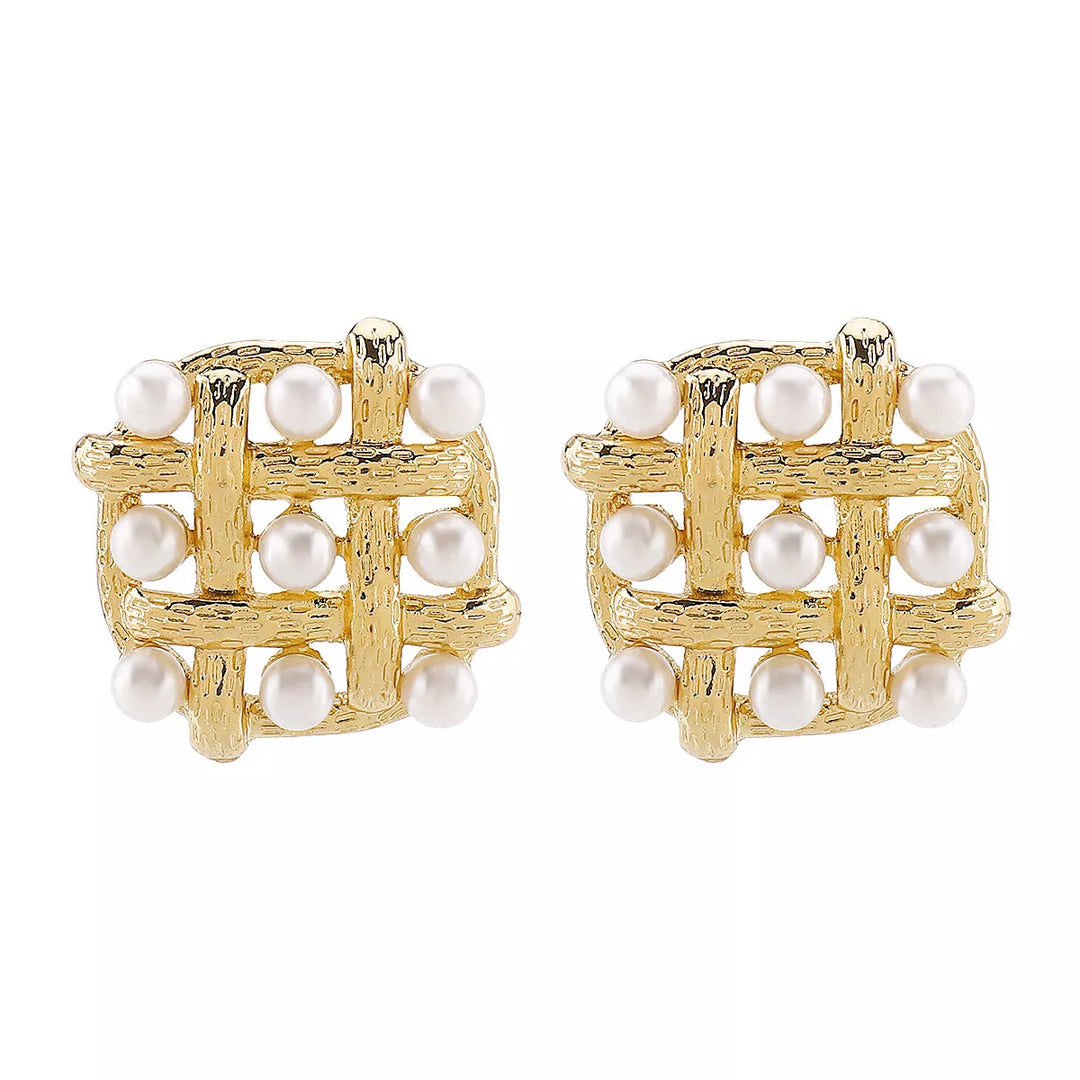 Pearl Grid Square Stud Earrings