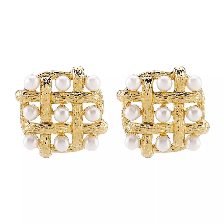 Pearl Grid Square Stud Earrings