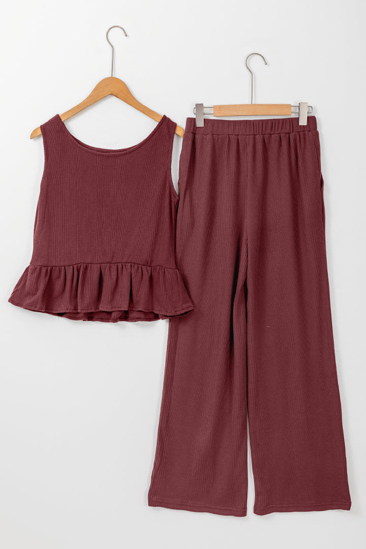 Red Dahlia Solid Color Ribbed Ruffle Tank Top and Pants Set