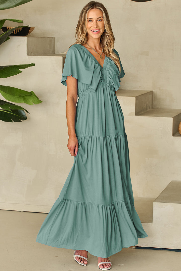 Green Textured V Neck Flutter Sleeve Ruffled Maxi Dress