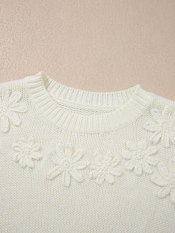 Flower Detail Round Neck Contrast Textured Puff Sleeve Sweater