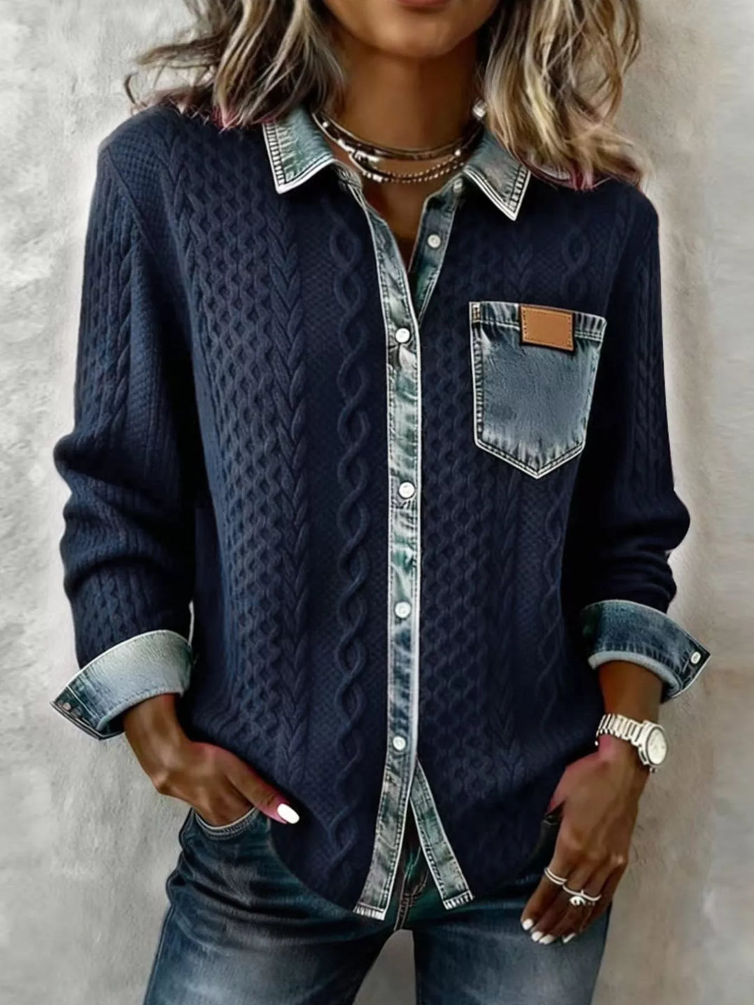Denim Trim Cable Knit Cardigan