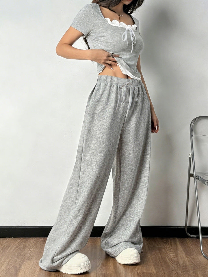 Tie Front Short Sleeve Top and Pants Set