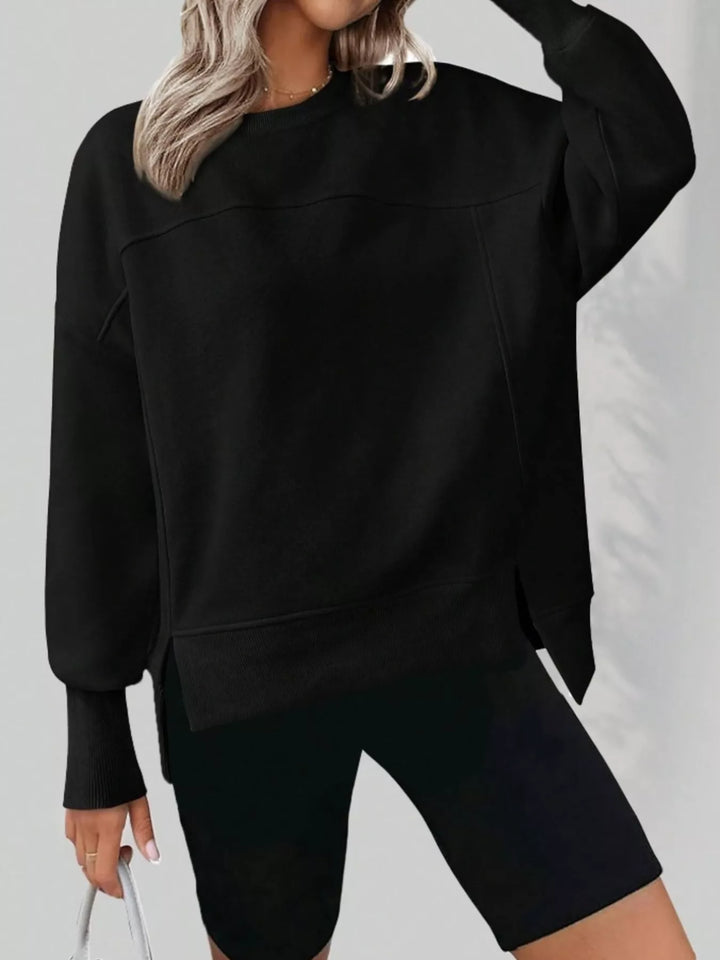 Slit Round Neck Dropped Shoulder Sweatshirt