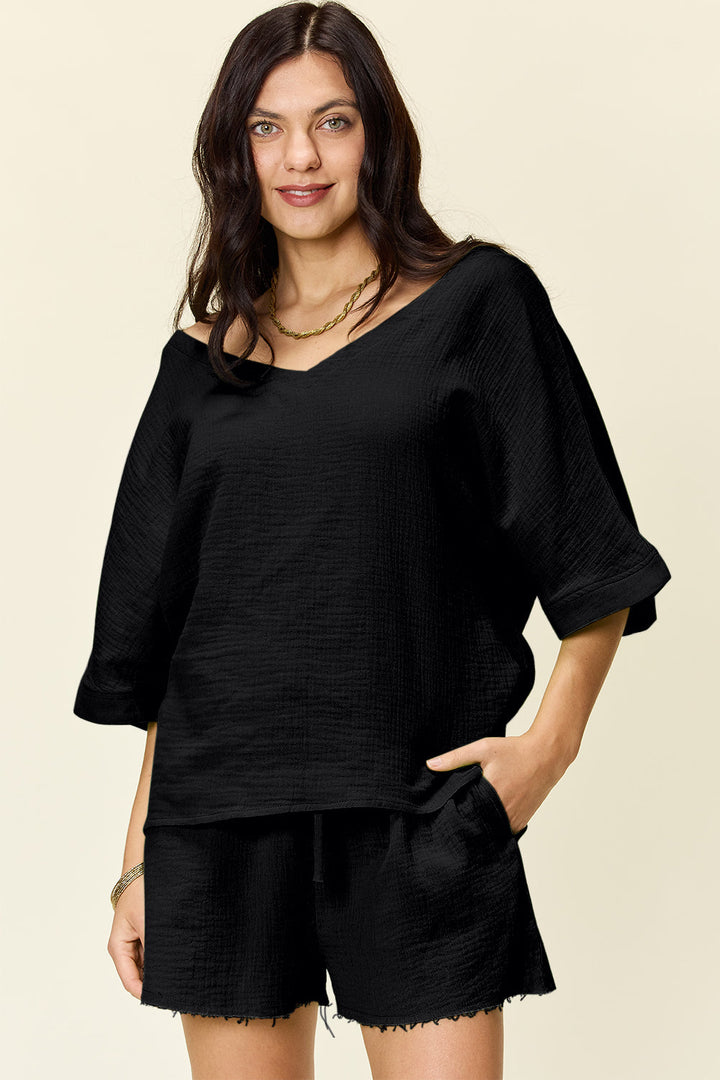 Textured Cotton T-Shirt and Drawstring Shorts Set