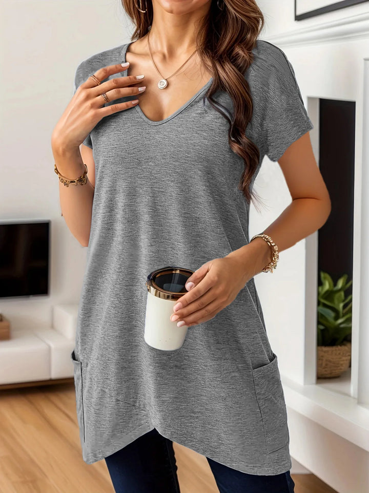 Full Size V-Neck Pocket Front Asymmetric Hem T-Shirt Plus Size