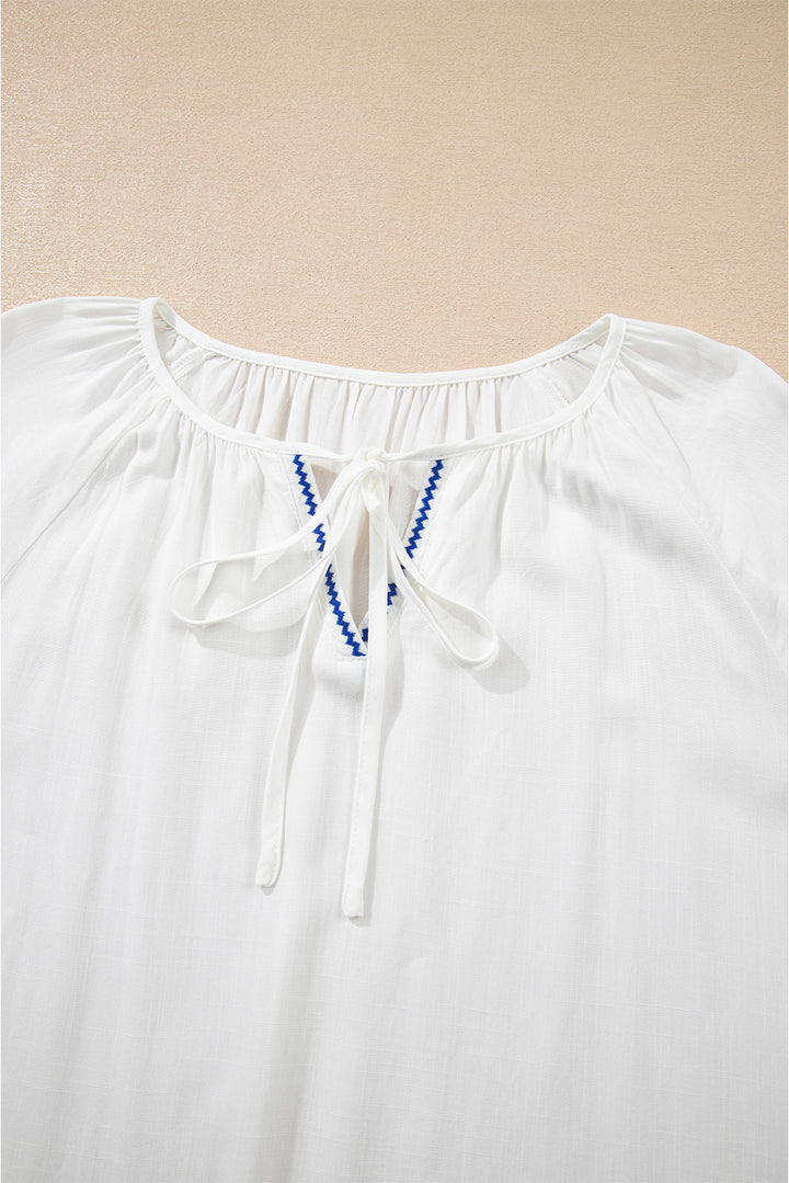 White Floral Embroidered Drawstring V Neck Blouse