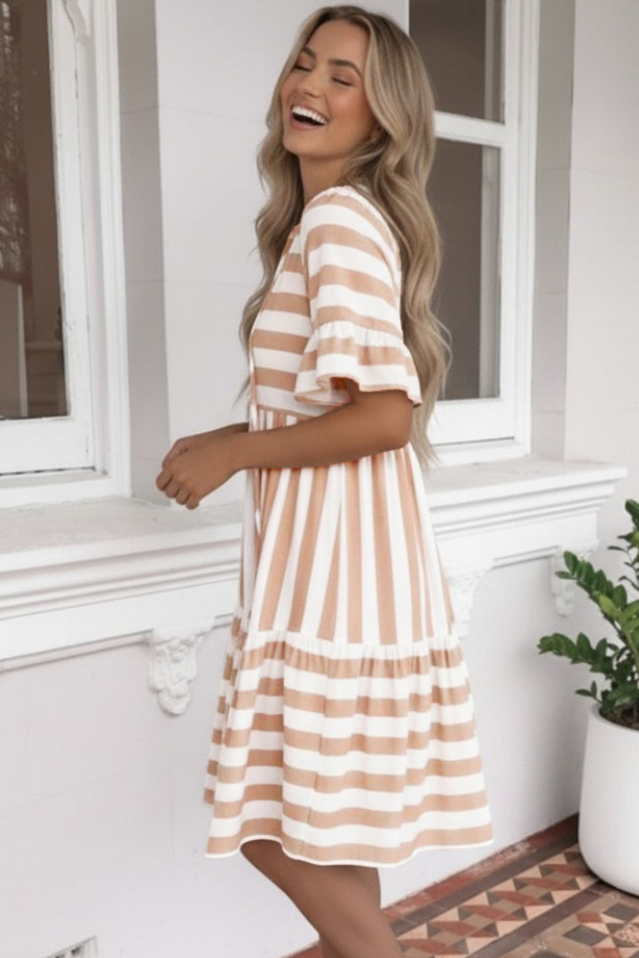 Khaki Stripe Tie V Neck Ruffle Trim Short Sleeve Flared Summer Dress