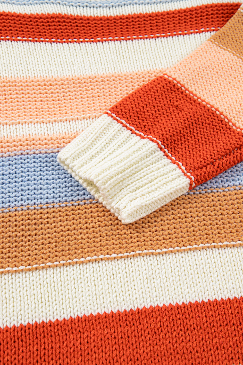 Pink Striped Colorblock Round Neck Drop Shoulder Sweater