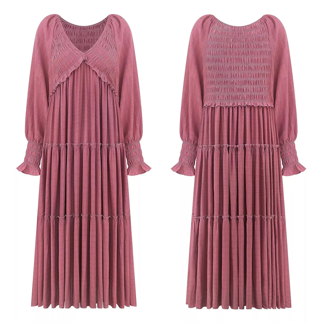 V-Neck Long Sleeve Tiered Maxi Dress