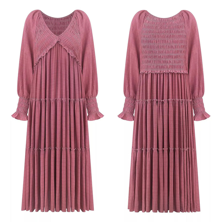 V-Neck Long Sleeve Tiered Maxi Dress