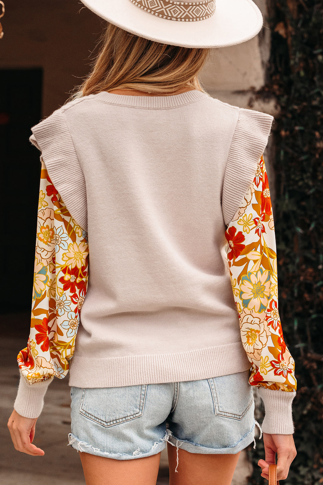 Parchment Cable Knit Ruffle Detail Contrast Floral Sleeve Patchwork Sweater