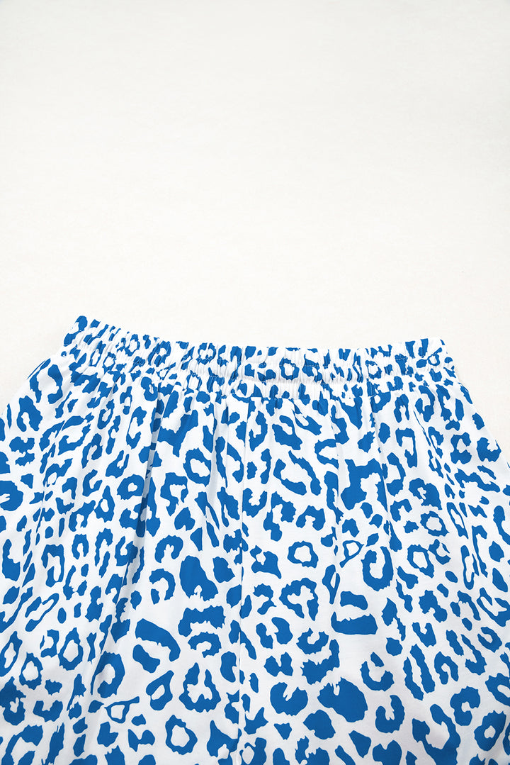 Blue Leopard Elastic Waist Lace up Contrast Trim Casual Shorts