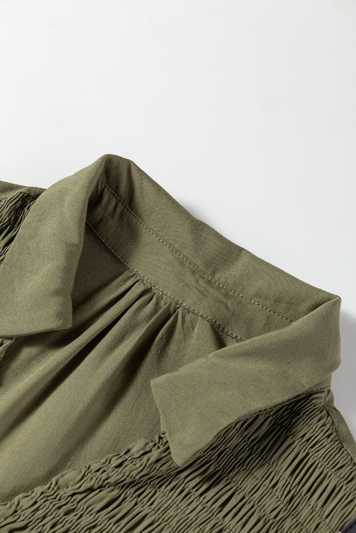 Four Leaf Clover Collared V Neck Smocked Detail Contrast Leopard Trim Bracelet Sleeve Long Dress