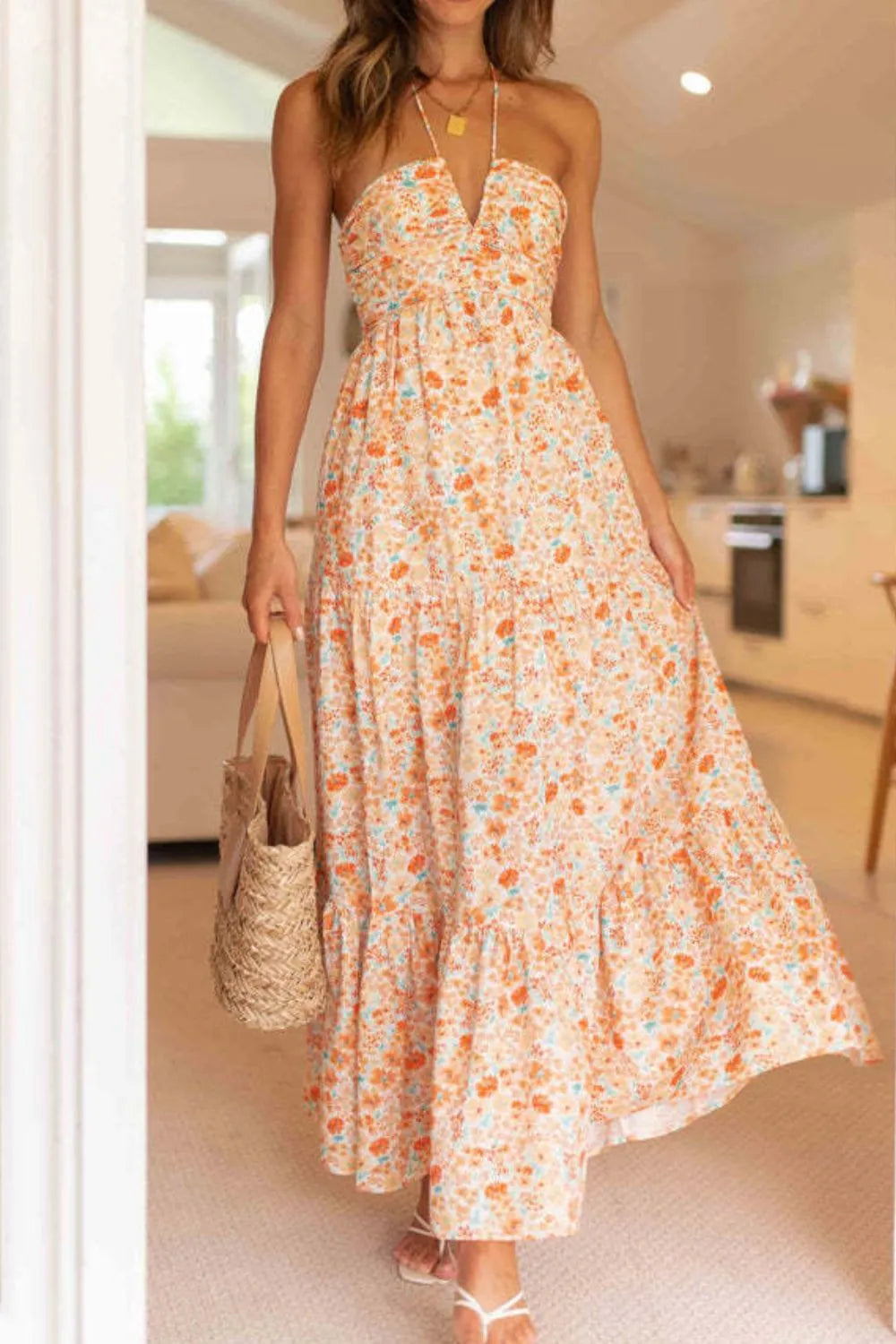 Tiered Halter Neck Printed Cami Dress
