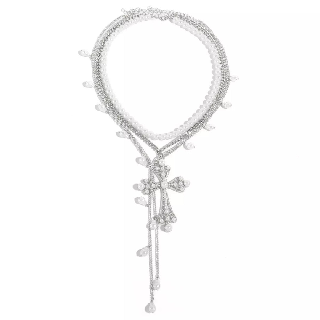 Pearl Cross Pendant Necklace 3 Piece Set