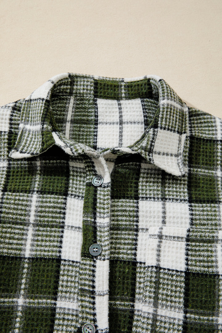 Black Plaid Print Textured Knit Buttoned Shacket