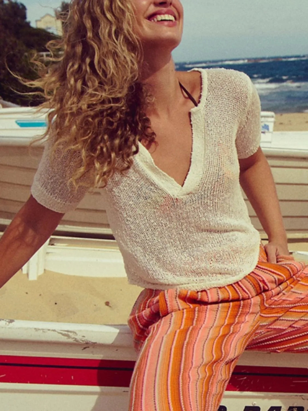 Notched Short Sleeve Knit Top