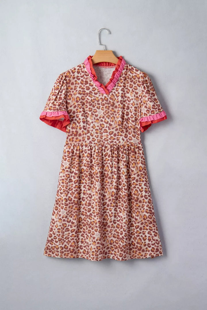 Leopard High Waist Ruffled Colorblock Trim Short Dress