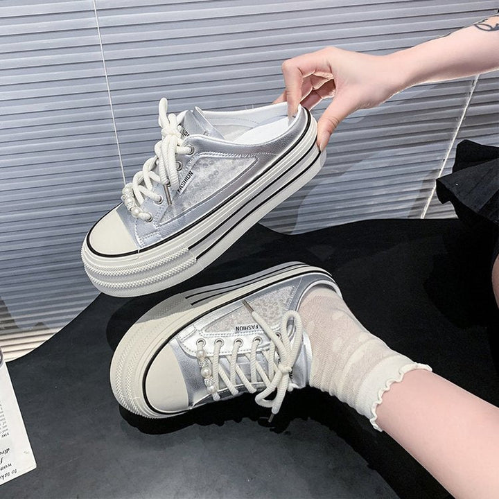 New Casual Breathable Mesh Closed Toe Mules, Versatile Lightweight Good-Looking White Slip-On Shoes For Women
