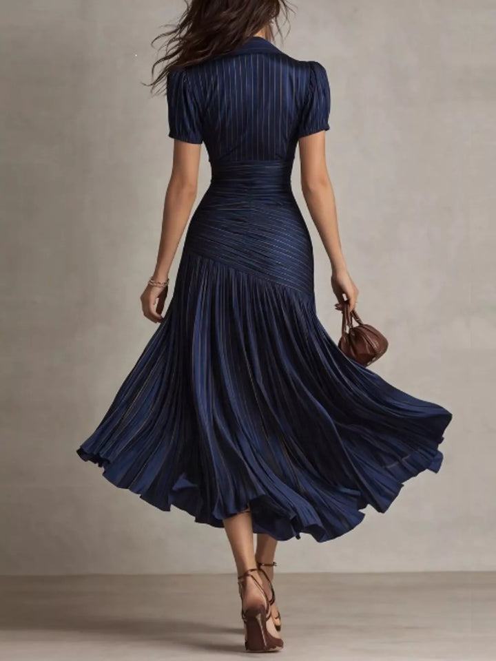 Pleated Striped Short Sleeve Midi Dress